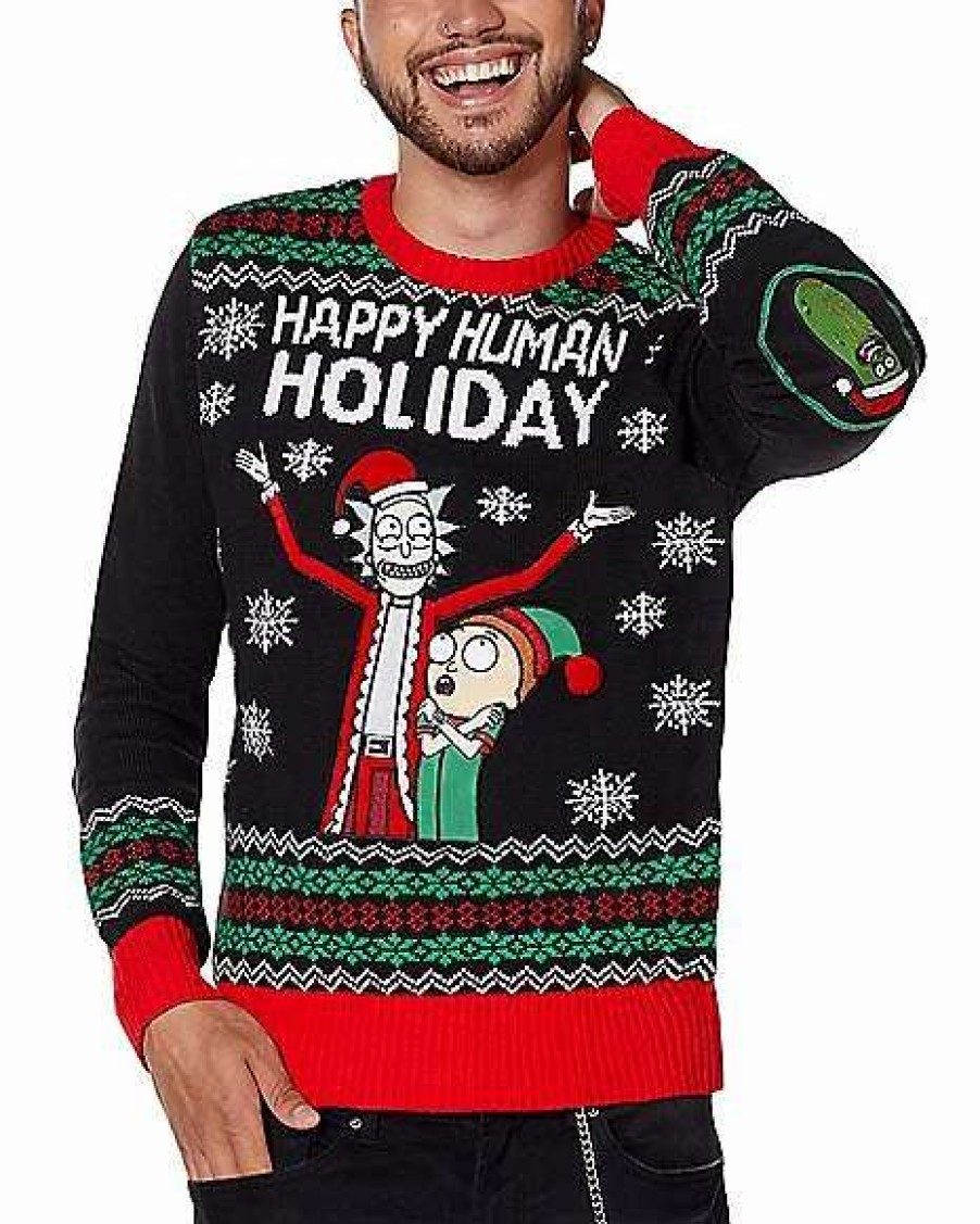 Rick And Morty * Buy Light-Up Happy Human Holiday Ugly Christmas Sweater Rick And Morty Black